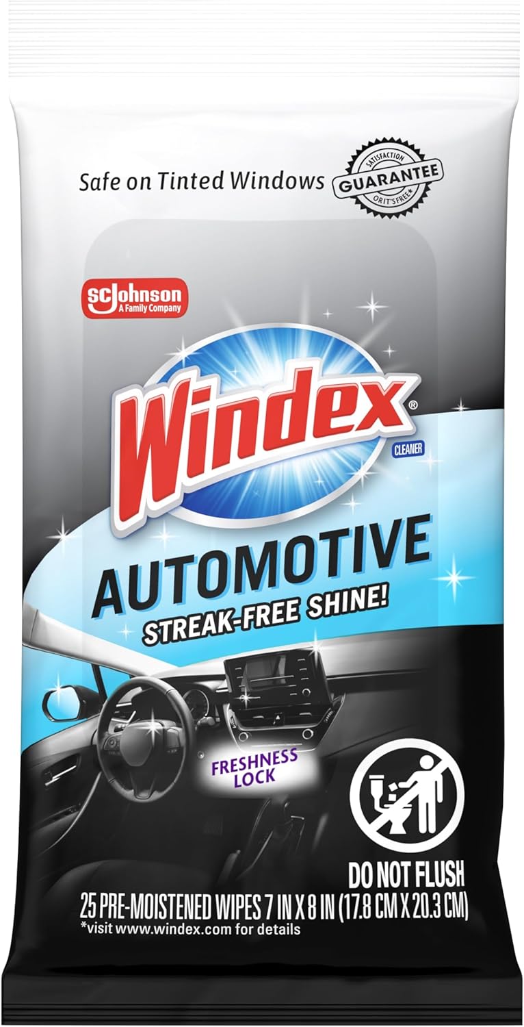 Windex Auto Wipes for Car Windows, Mirrors and Screens, Pre-Moistened Car Cleaner Wipes for Quick Streak-Free Shine, Guaranteed Safe for Tinted Windows and Electronics, 25 count (Pack of 1) - Image 1
